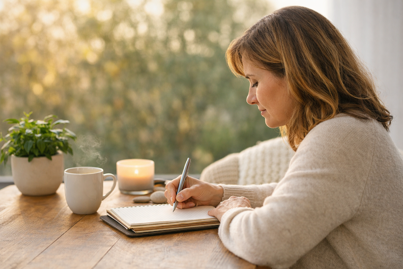 Woman journaling New Year health goals in a calm, sunlit space, reflecting on wellness intentions and planning sustainable lifestyle changes.