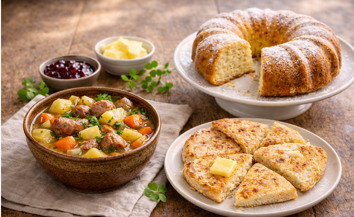 Traditional Irish dishes including Dublin coddle, Irish soda farls, and Irish dairy cake on a rustic table