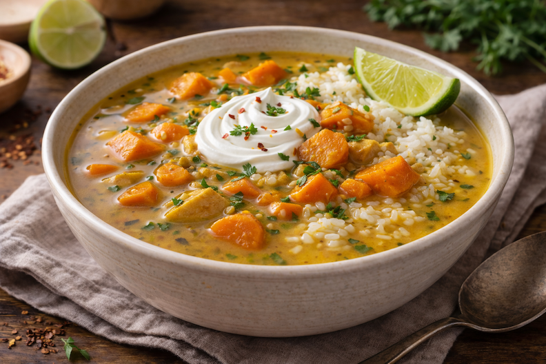 Creamy coconut curry and rice soup with sweet potato chunks, carrot slices, and white rice in a golden broth, topped with a swirl of sour cream and served with a lime wedge.