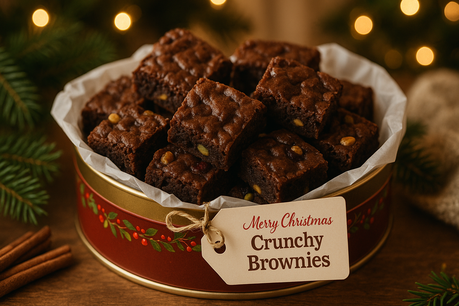 Homemade crunchy holiday brownies arranged in a festive tin lined with wax paper, featuring walnuts, dried cranberries, and pumpkin seeds for a wholesome holiday treat.