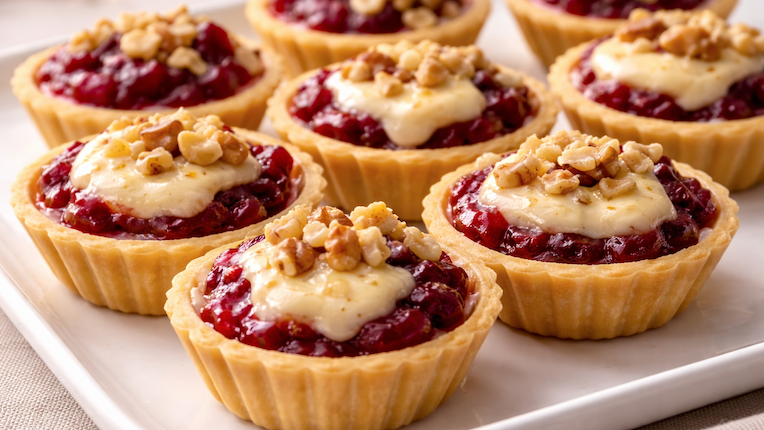 Cranberry brie tartlets with chopped nuts in golden mini tart shells, served warm on a white platter.