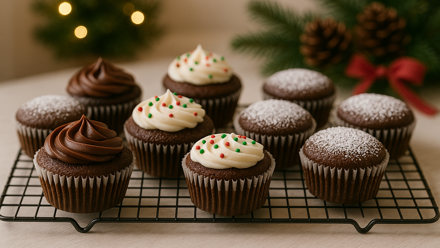 Freshly baked chocolate cupcakes in paper liners, lightly decorated with frosting or powdered sugar and displayed on a tray with soft holiday décor.
