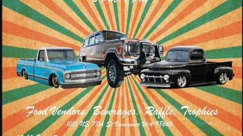Flier for 1st Annual Truck and 4x4 Show. 3 vintage trucks over retro striped orange, gold and green background