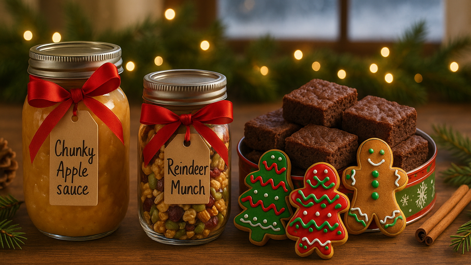Cozy holiday kitchen scene with healthy homemade gifts, including jars of chunky applesauce, a bowl of Reindeer Munch snack mix, and a festive tin of brownies and gingerbread cookies, surrounded by evergreen sprigs and warm seasonal décor.