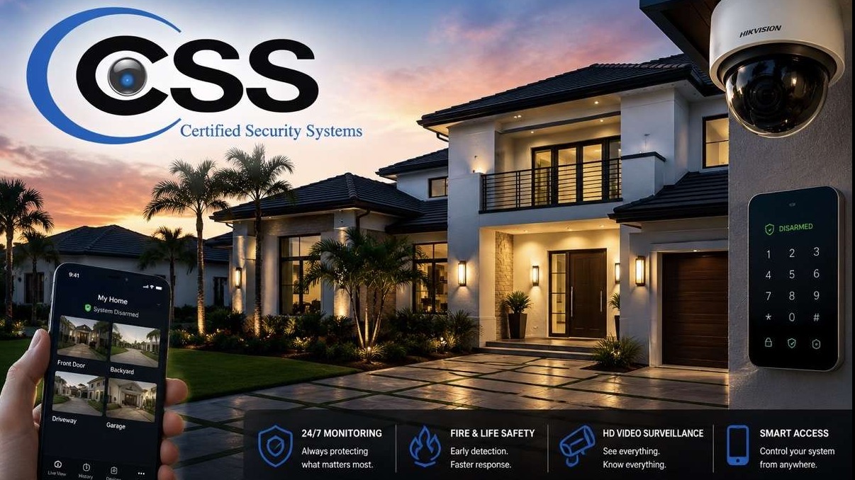 Professionally installed home security system protecting a luxury Palm Beach County home with smart security cameras, monitored alarm system, mobile access, and Certified Security Systems.