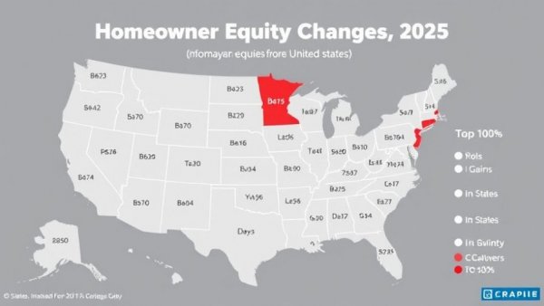 US map showing homeowner equity changes in 2025 with top states highlighted.