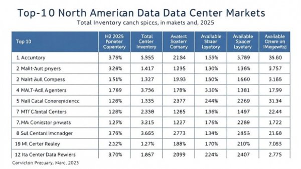 Top 10 North American data center markets by demand and available space.
