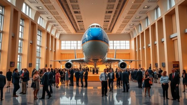 Elegant interior of Trump Presidential Library in Miami with Air Force One exhibit.