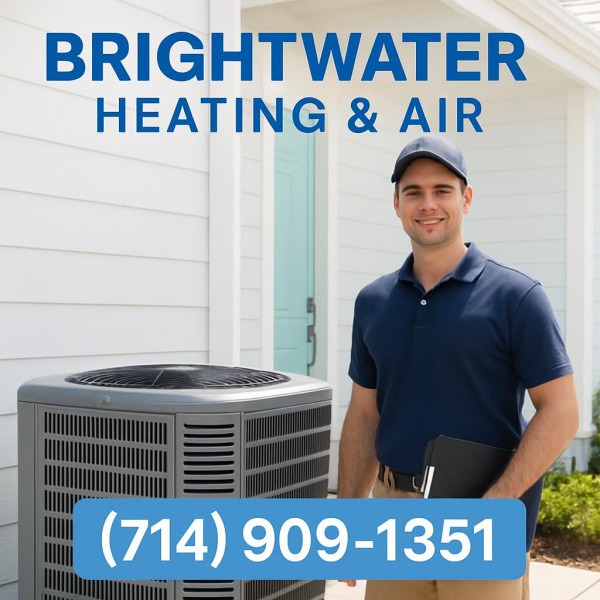 Promotional tile for Brightwater Heating & Air with technician and AC unit.