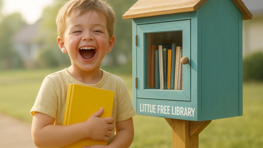 Child joyfully reading near a Little Free Library, promoting literacy in communities.