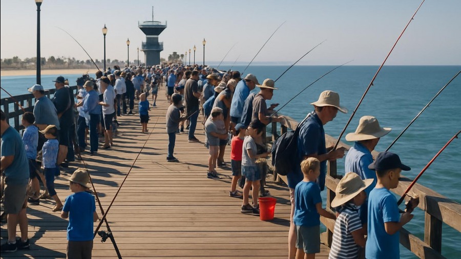 Youth fishing competition at Seal Beach Pier, families enjoying a community event.