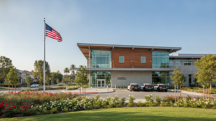 Long Beach Police North Station enhancing public safety and community trust under a clear blue sky.