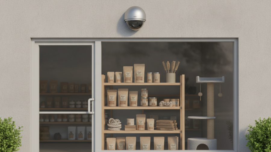 Concept illustration of a security camera above a neighborhood pet shop entrance