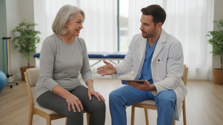 Illustration of an older woman discussing knee-care options with a healthcare professional