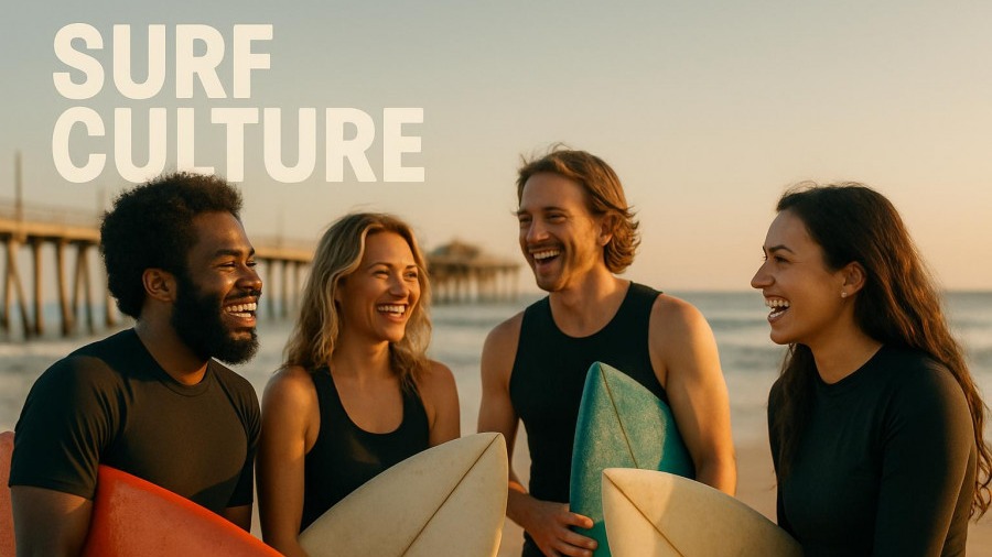 Diverse surfers discussing community initiatives at Huntington Beach during golden hour.