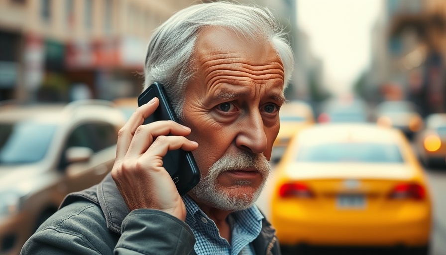 Elderly man looking worried on phone discussing virtual kidnapping scam.