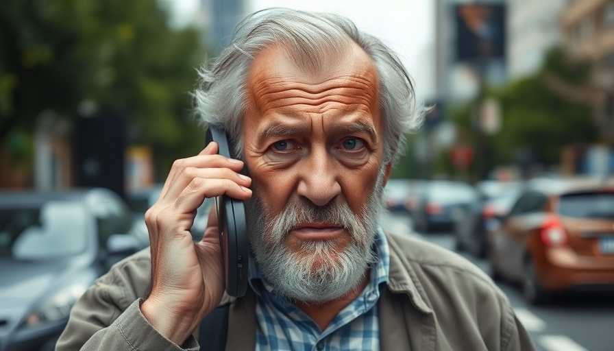 Worried elderly man on phone, potential virtual kidnapping scam.