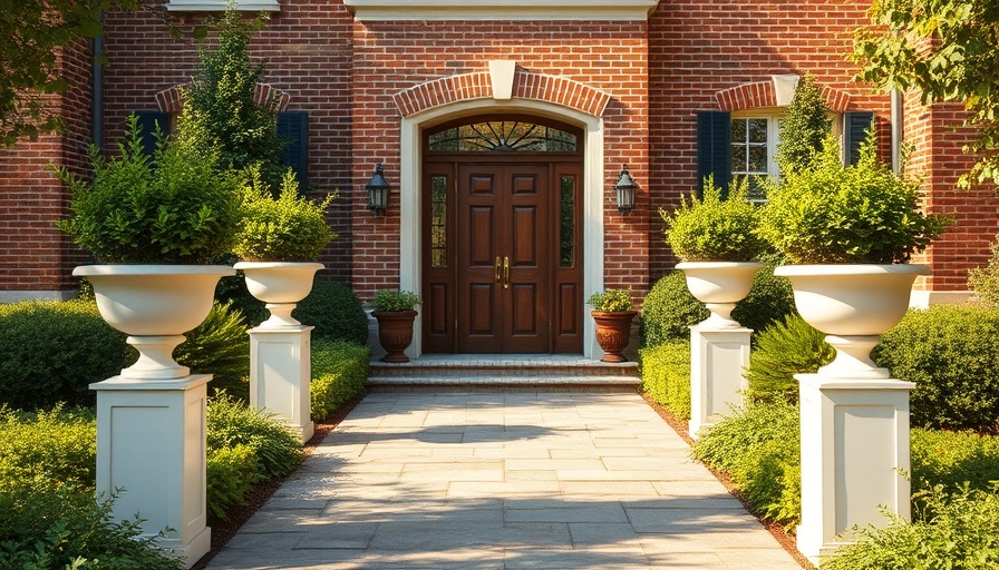 Front yard entrance landscaping, elegant house entrance with stone walkway.