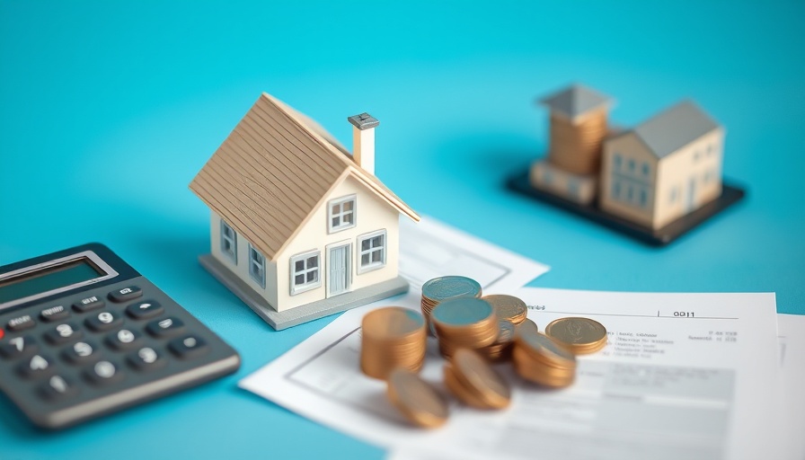 Model house and calculator on documents symbolizing property tax repeal and replacement