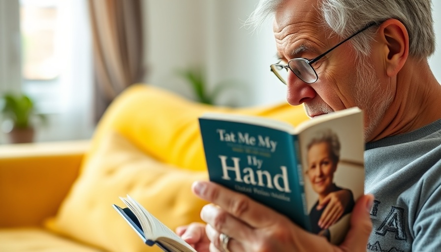 Senior man reading with 'Take My Hand' by Dolen Perkins-Valdez cover.
