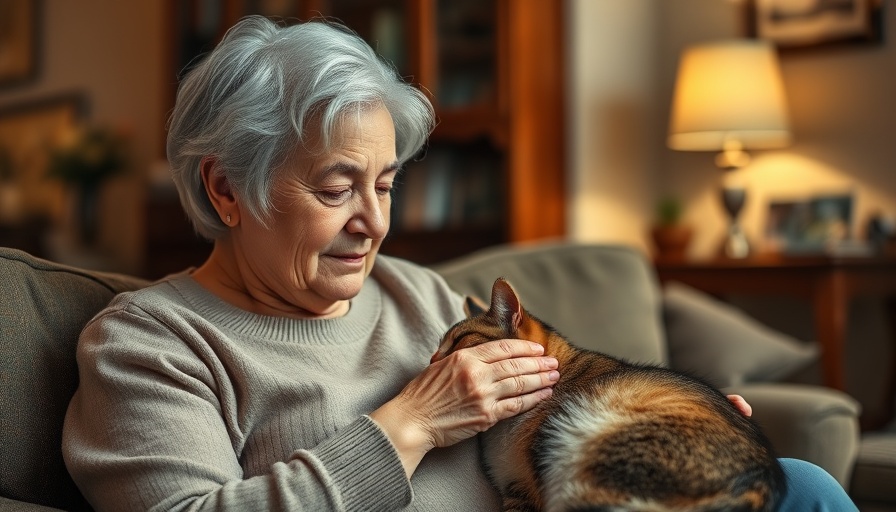 Elderly woman petting a cat, highlighting community care.
