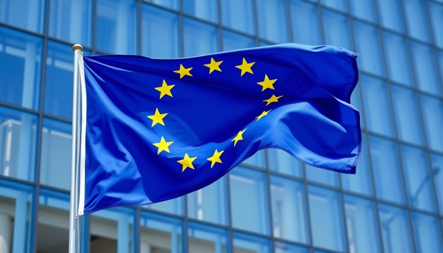 European Union flag waving with modern building background, symbolizing the future of the EU tax mix.