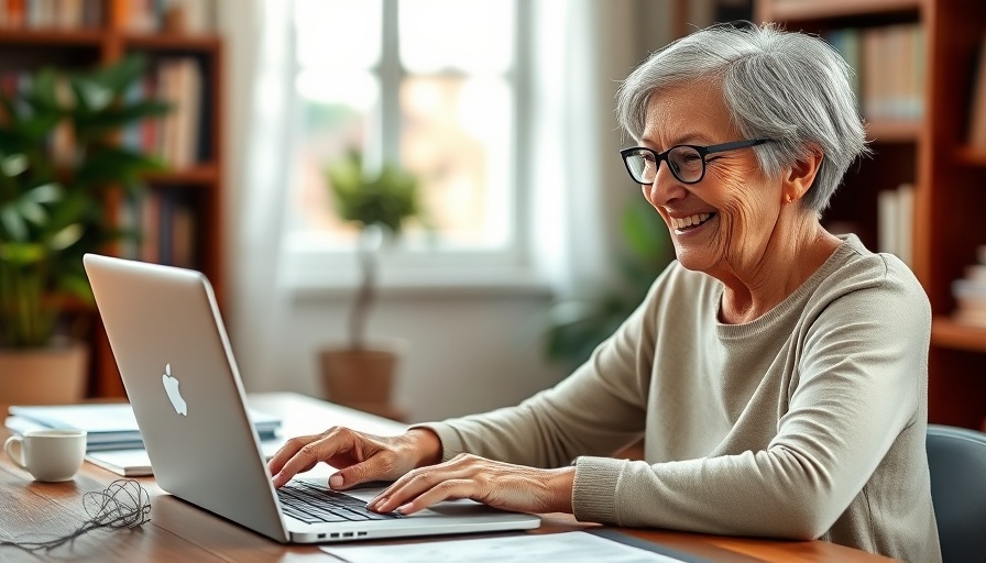 Older woman taking online Spanish language classes for seniors at home.