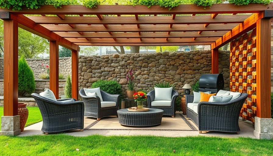 Charming pergola with stylish furniture and lush greenery.