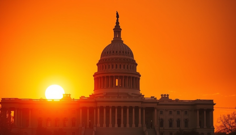 Capitol building silhouette against orange sunset, symbolizing unaffordable healthcare subsidies.