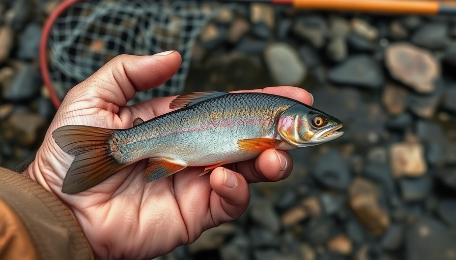 Close-up of a hand holding a fish on a rocky riverbank, symbolizing U.S. aid cuts to Myanmar.