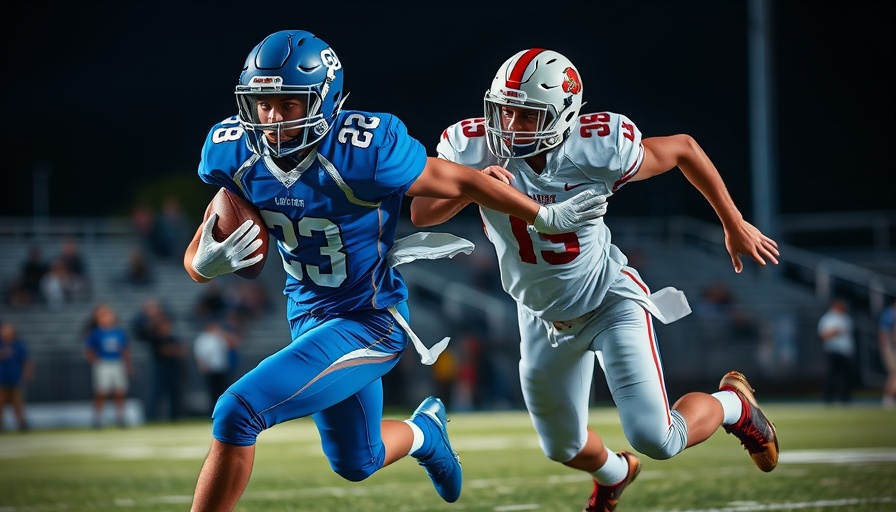 High school football players in action during a night game.