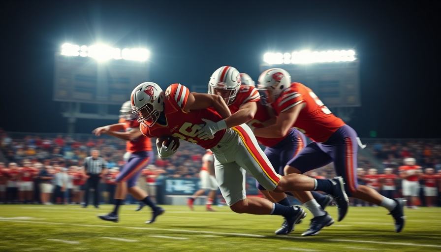 Intense high school football tackle under bright stadium lights.
