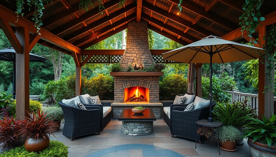 Covered outdoor living space with fireplace and garden.