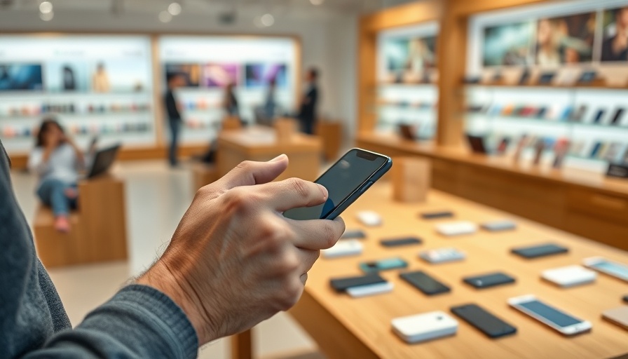 Explore last year’s phone models to save money, smartphone in hand at tech store.