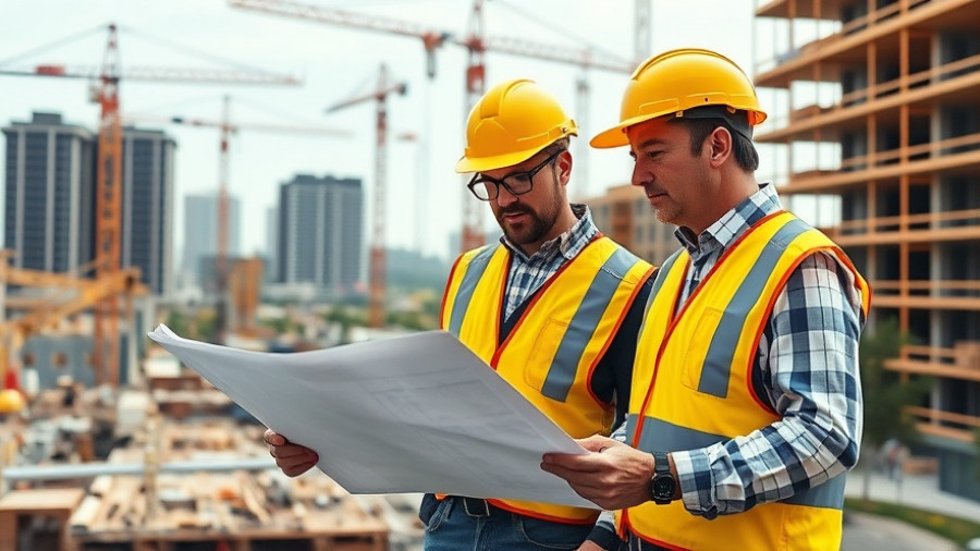 Construction workers discussing blueprints on £3bn Hyde build framework site.