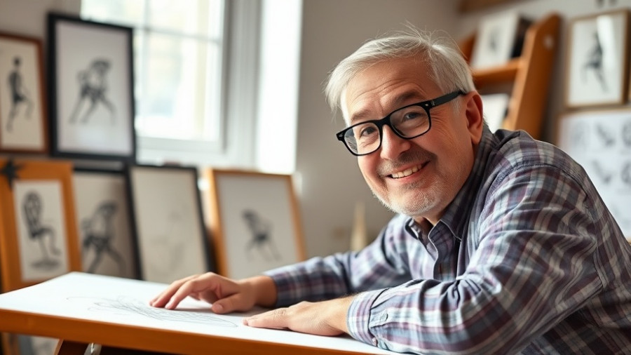 Older man in studio with glasses near drawing table, Stan Mack Real Life Funnies.