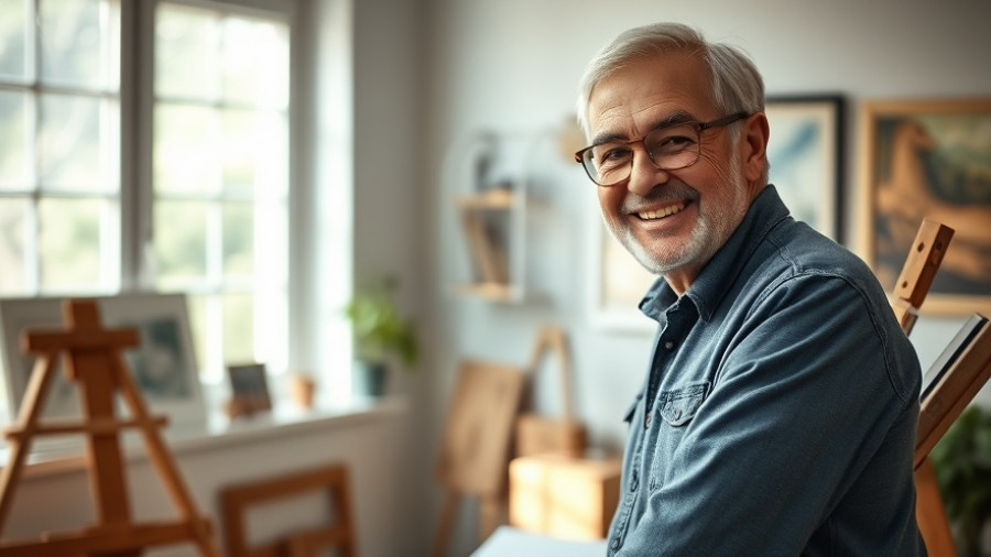 Man working at drawing table in well-lit room, smiling warmly.
