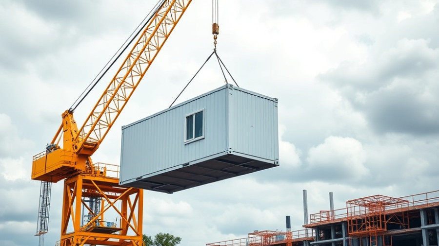 Merit Holdings construction activity with crane on overcast day.