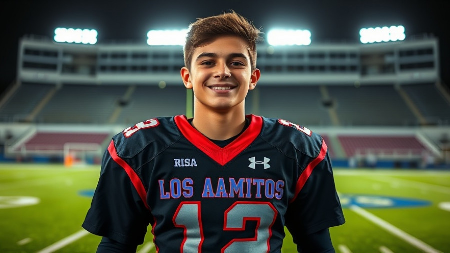 Los Alamitos Football Victory: Smiling player in jersey on field.