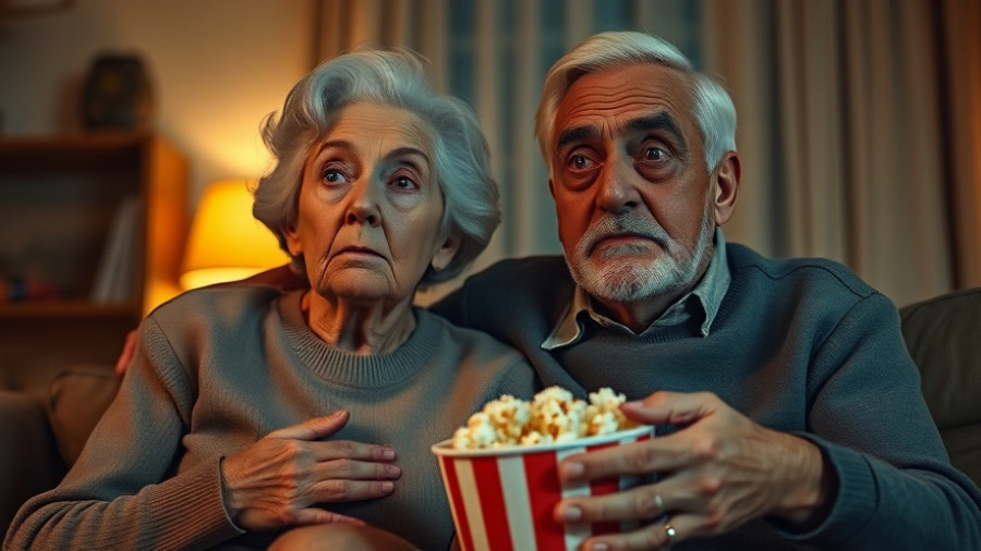 Elderly couple, scared while watching a movie, popcorn in hand, biggest scares in cinema.