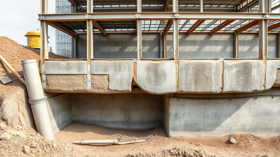 Concrete foundation with steel framework at building site.