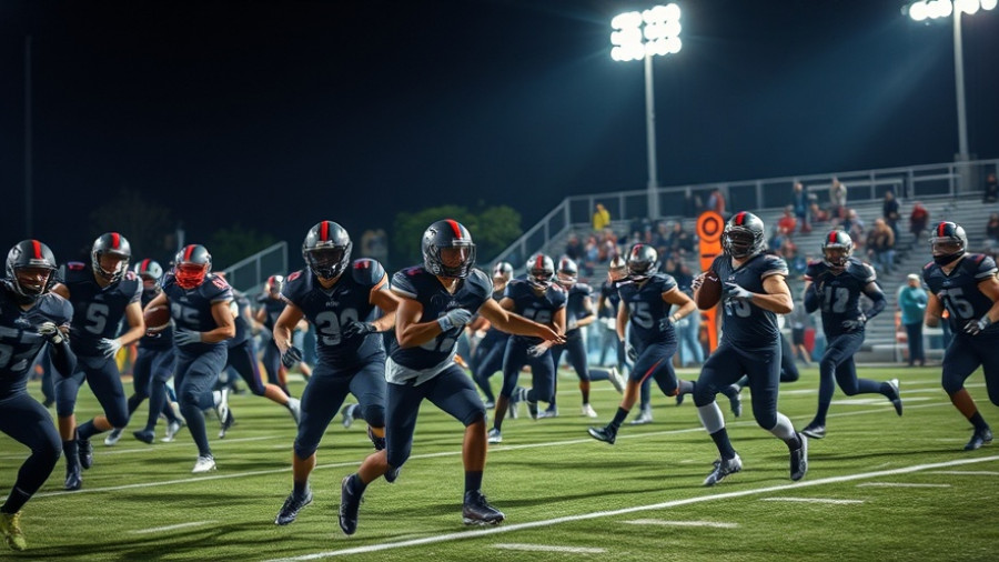 Intense football action during Orange County high school game under stadium lights.