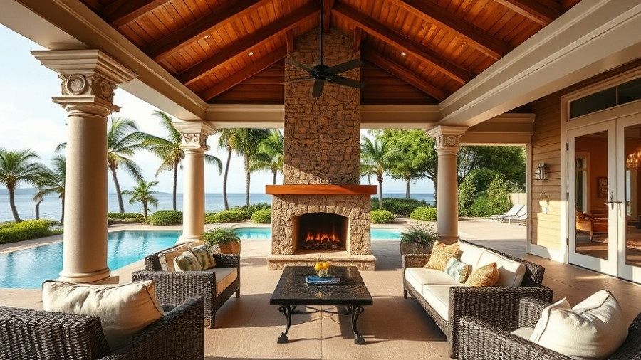 Elegant covered terrace design with pool and fireplace.