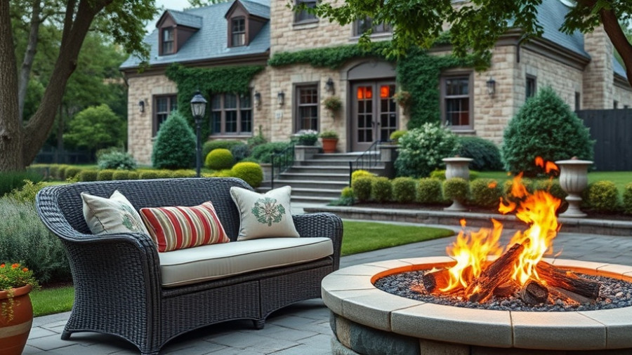 Outdoor gravel patio ideas with cozy wicker furniture and fire pit.