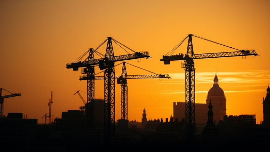 Silhouetted cranes over London skyline at sunrise, London housing emergency measures.
