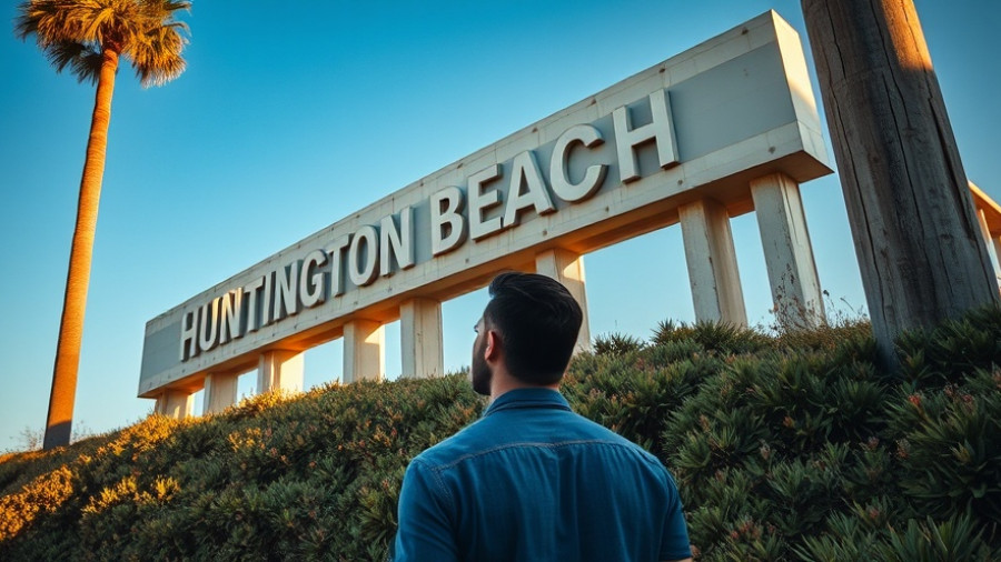 Artistic sign at Huntington Beach under clear sky
