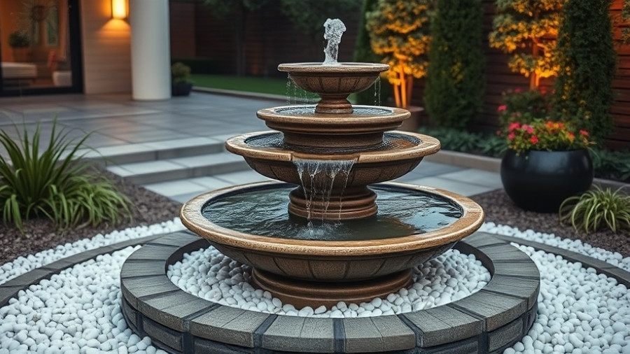 Elegant modern backyard water fountain idea with pebbles and plants.