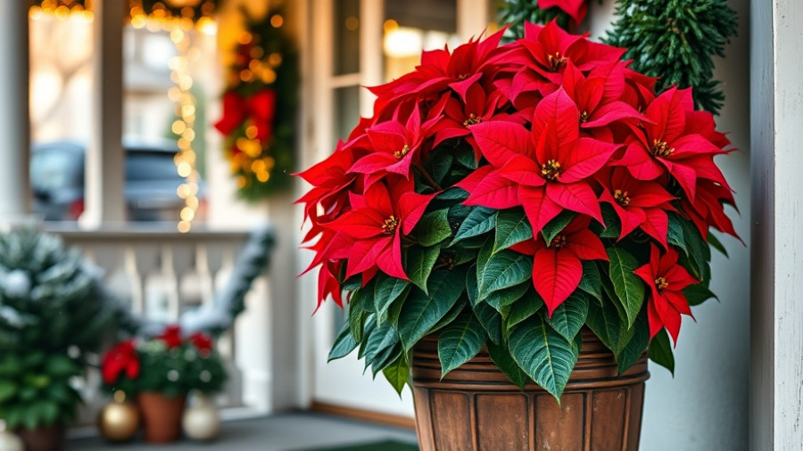 Festive poinsettia porch pot ideas on a snowy porch.