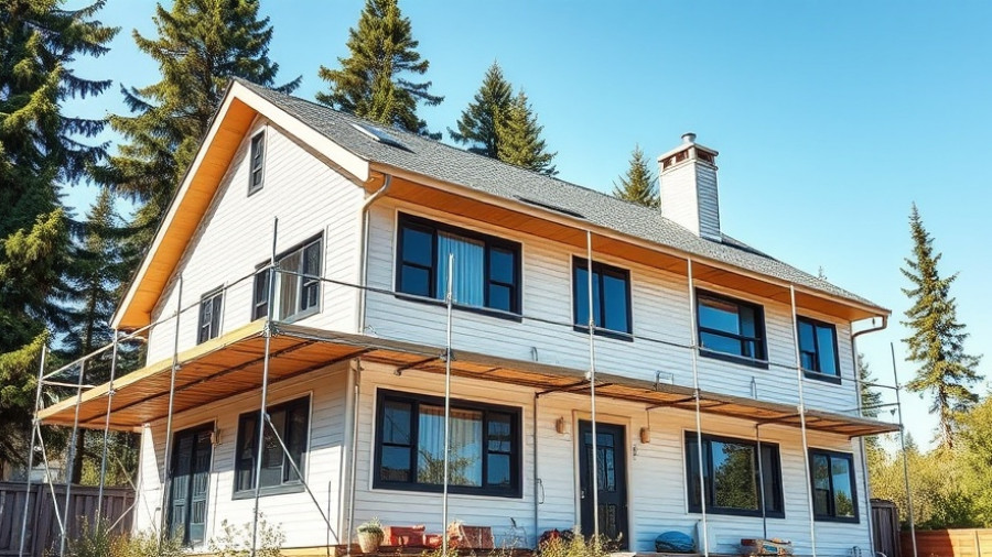 Exterior renovation scene of a house with scaffolding and repairs.