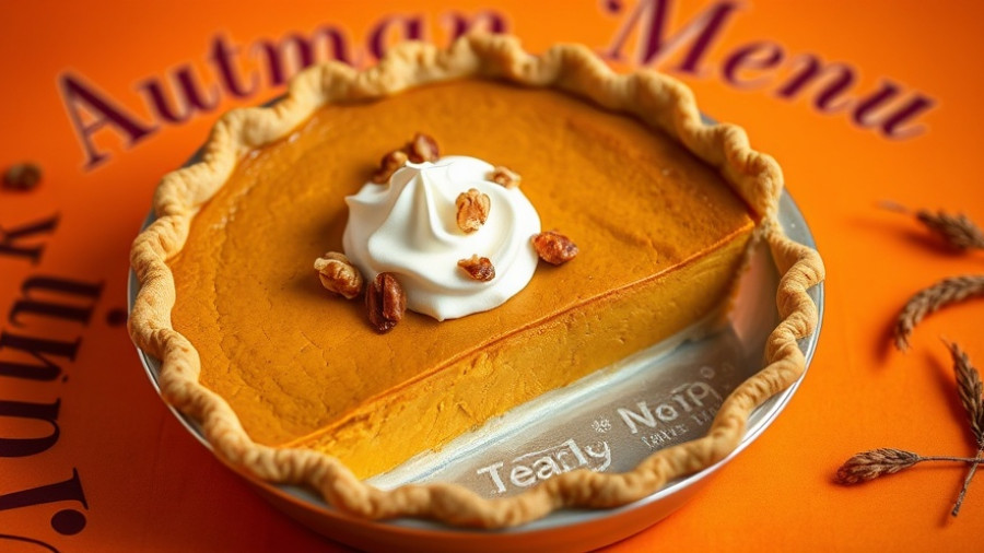 Seasonal fall foods pumpkin pie with cream and nuts.